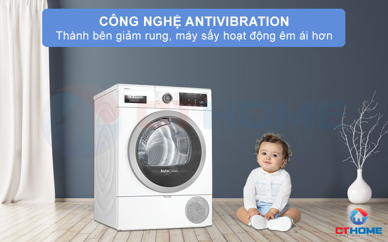 Công nghệ AntiVibration giảm độ rung 2 bên thành, máy sấy hoạt động êm ái hơn.