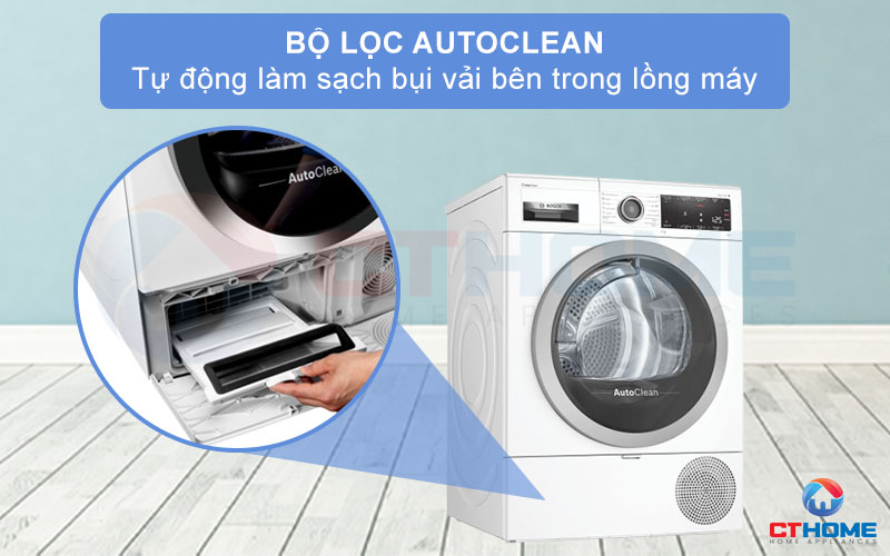 Bộ lọc AutoClean tự động làm sạch bụi vải bên trong lồng máy cho mỗi lần sấy.