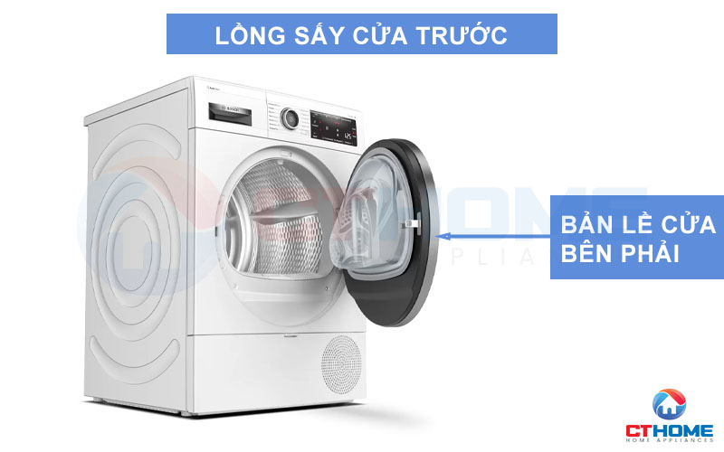 Máy sấy Bosch WTX87M90BY được thiết kế với lồng sấy cửa trước, bản lề cửa bên phải.