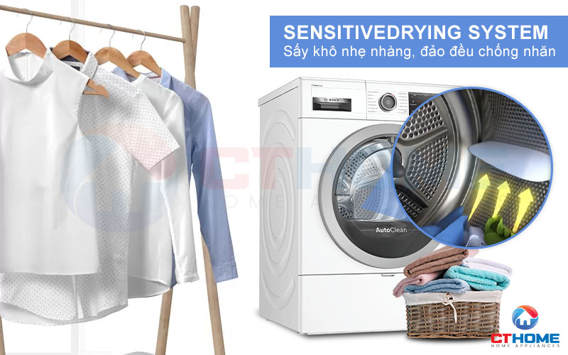 Công nghệ SensitiveDrying System sấy khô nhẹ nhàng mọi phía và chống nhăn.